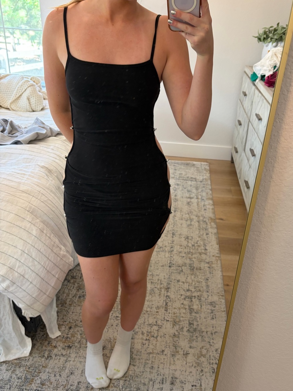 Women's Black Cutout Mini Dress with Spaghetti Straps